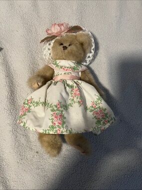 Plush Teddy in White Floral Dress and Pink Bonnet